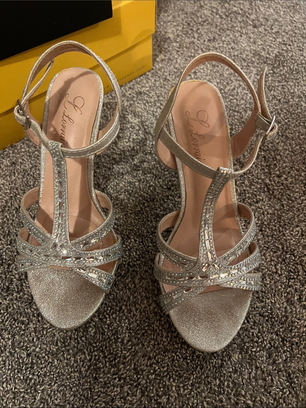 Lauren Lorraine Glittering Silver T-Strap Rhinestone Heels